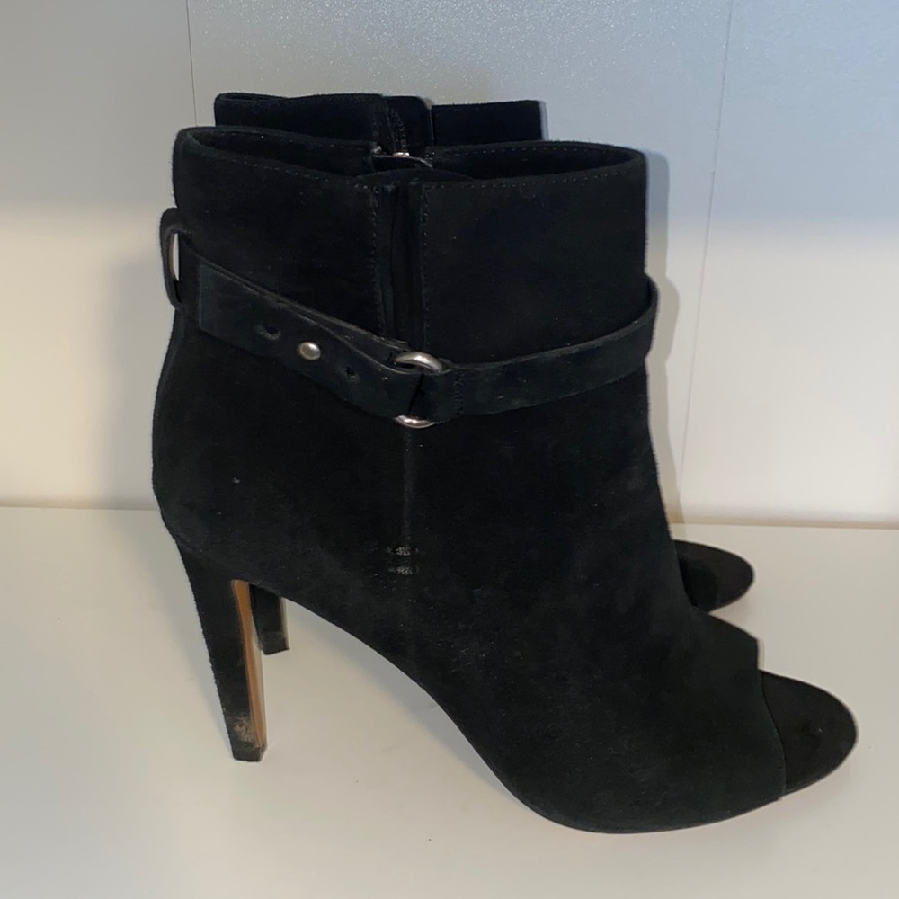 BCBC black suede peep toes booties with 3.5 inch heel